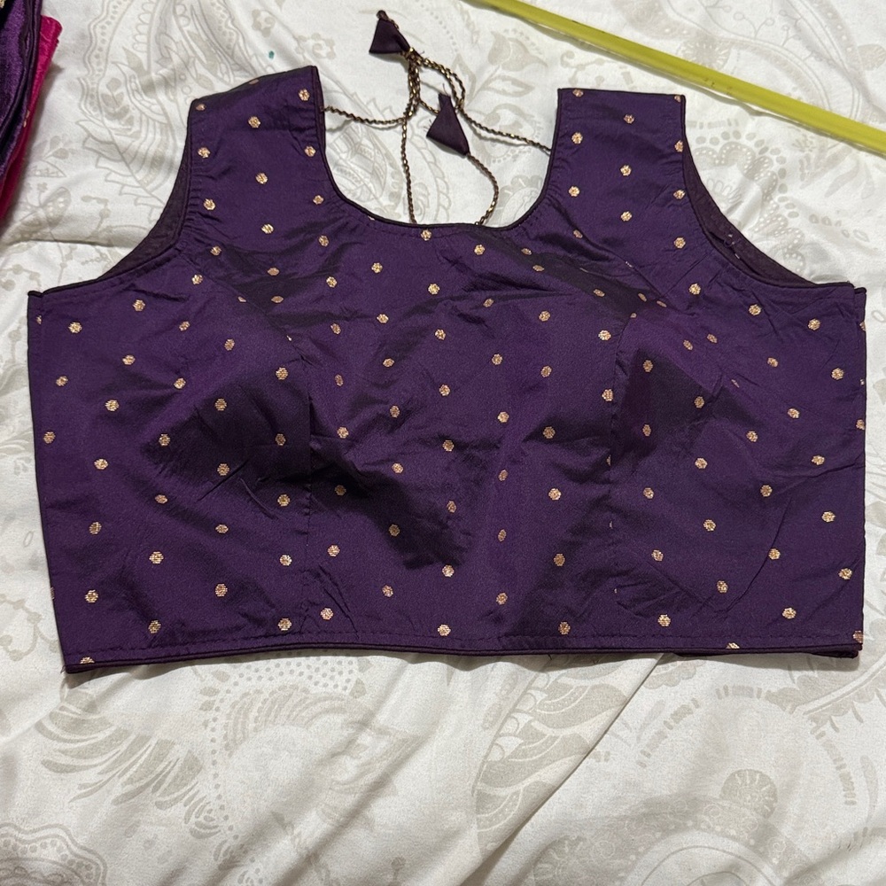 Purple Sleeveless Blouse with Gold Polka Dots
